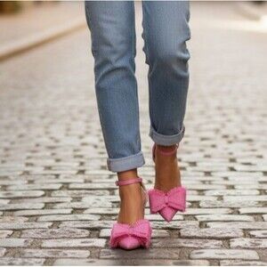 DESIGNER JESSICA SIMPSON PINK RAFFIA BOW DETAIL ANKLE STRAP 4" BLOCK HEEL PUMP